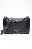 CHANEL Black Goatskin with Patent Quilted Medium Boy Flap Bag