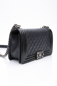 CHANEL Black Goatskin with Patent Quilted Medium Boy Flap Bag