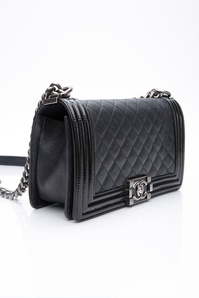 CHANEL Black Goatskin with Patent Quilted Medium Boy Flap Bag