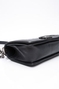 CHANEL Black Goatskin with Patent Quilted Medium Boy Flap Bag