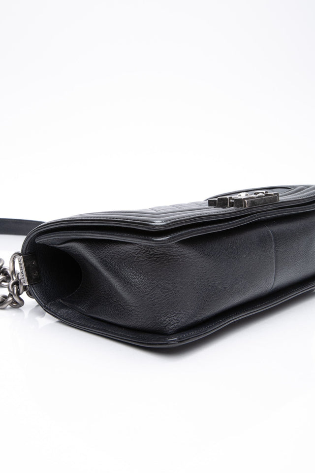 CHANEL Black Goatskin with Patent Quilted Medium Boy Flap Bag