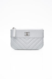 CHANEL Metallic Silver Caviar Chevron Quilted Small Mademoiselle Zip Pouch Case