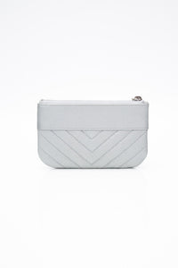 CHANEL Metallic Silver Caviar Chevron Quilted Small Mademoiselle Zip Pouch Case