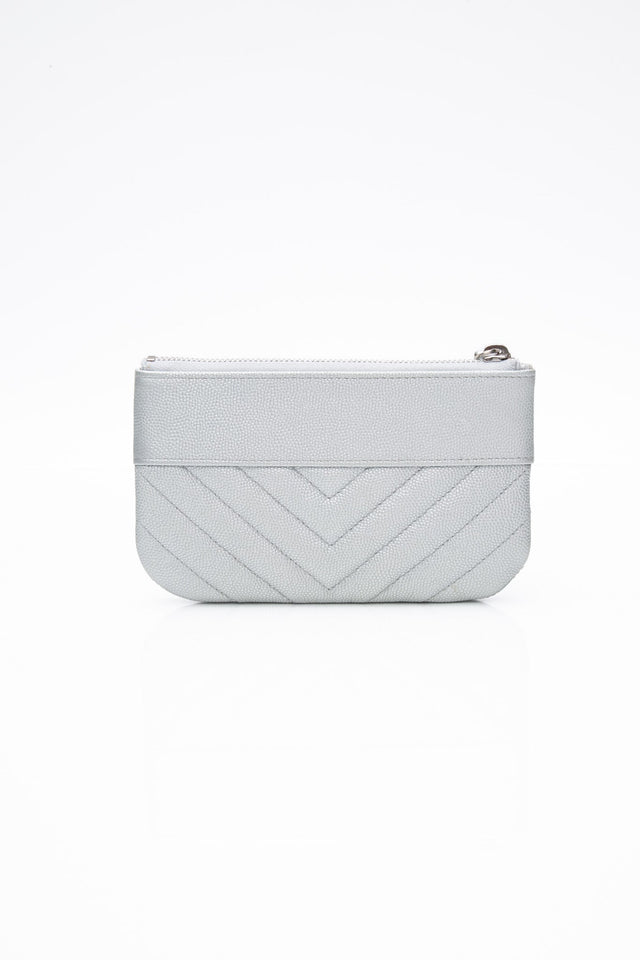 CHANEL Metallic Silver Caviar Chevron Quilted Small Mademoiselle Zip Pouch Case