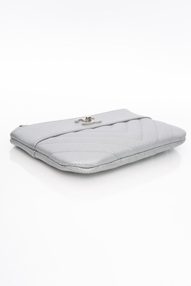 CHANEL Metallic Silver Caviar Chevron Quilted Small Mademoiselle Zip Pouch Case