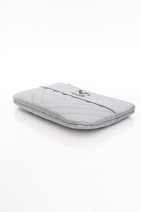 CHANEL Metallic Silver Caviar Chevron Quilted Small Mademoiselle Zip Pouch Case