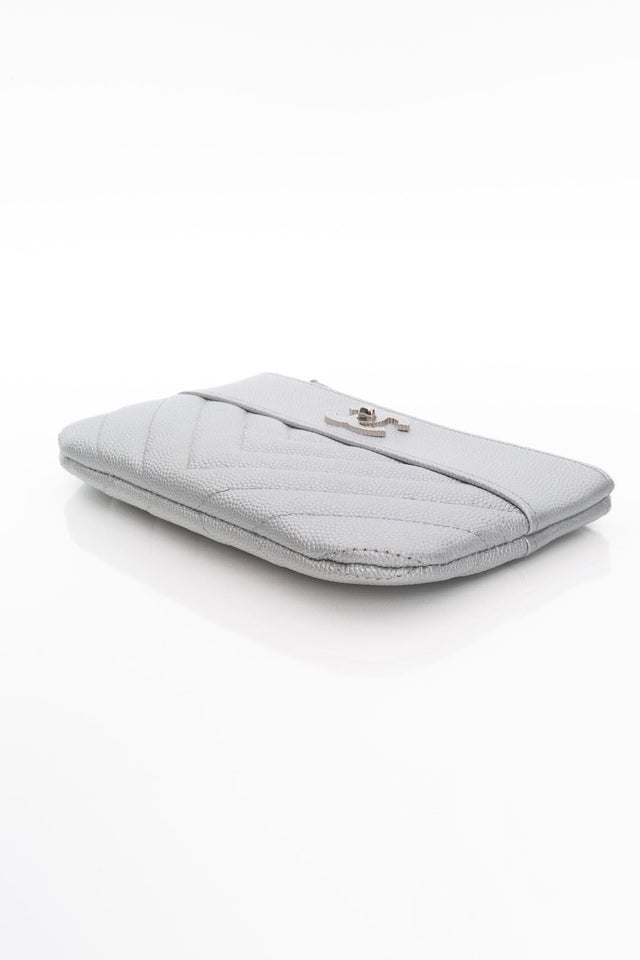 CHANEL Metallic Silver Caviar Chevron Quilted Small Mademoiselle Zip Pouch Case