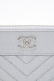 CHANEL Metallic Silver Caviar Chevron Quilted Small Mademoiselle Zip Pouch Case