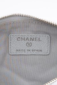 CHANEL Metallic Silver Caviar Chevron Quilted Small Mademoiselle Zip Pouch Case