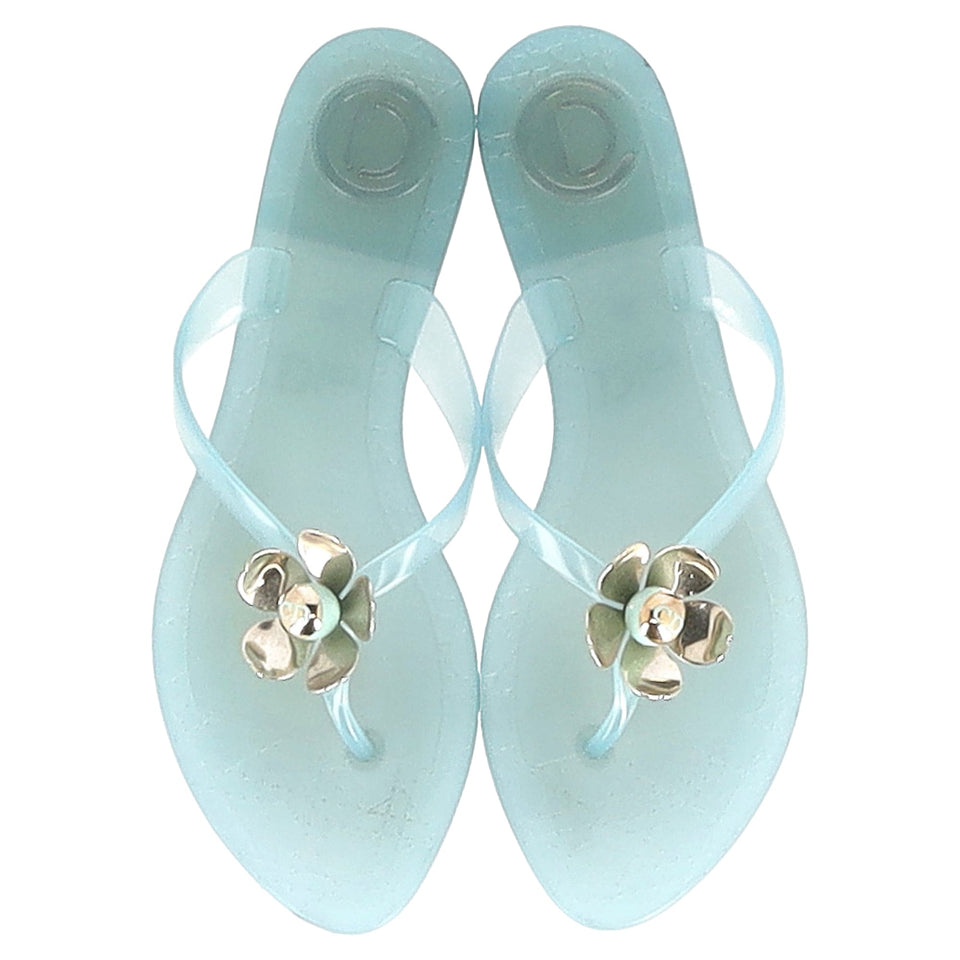 Dior Flower Detail Flip Flops in Light Blue Plastic