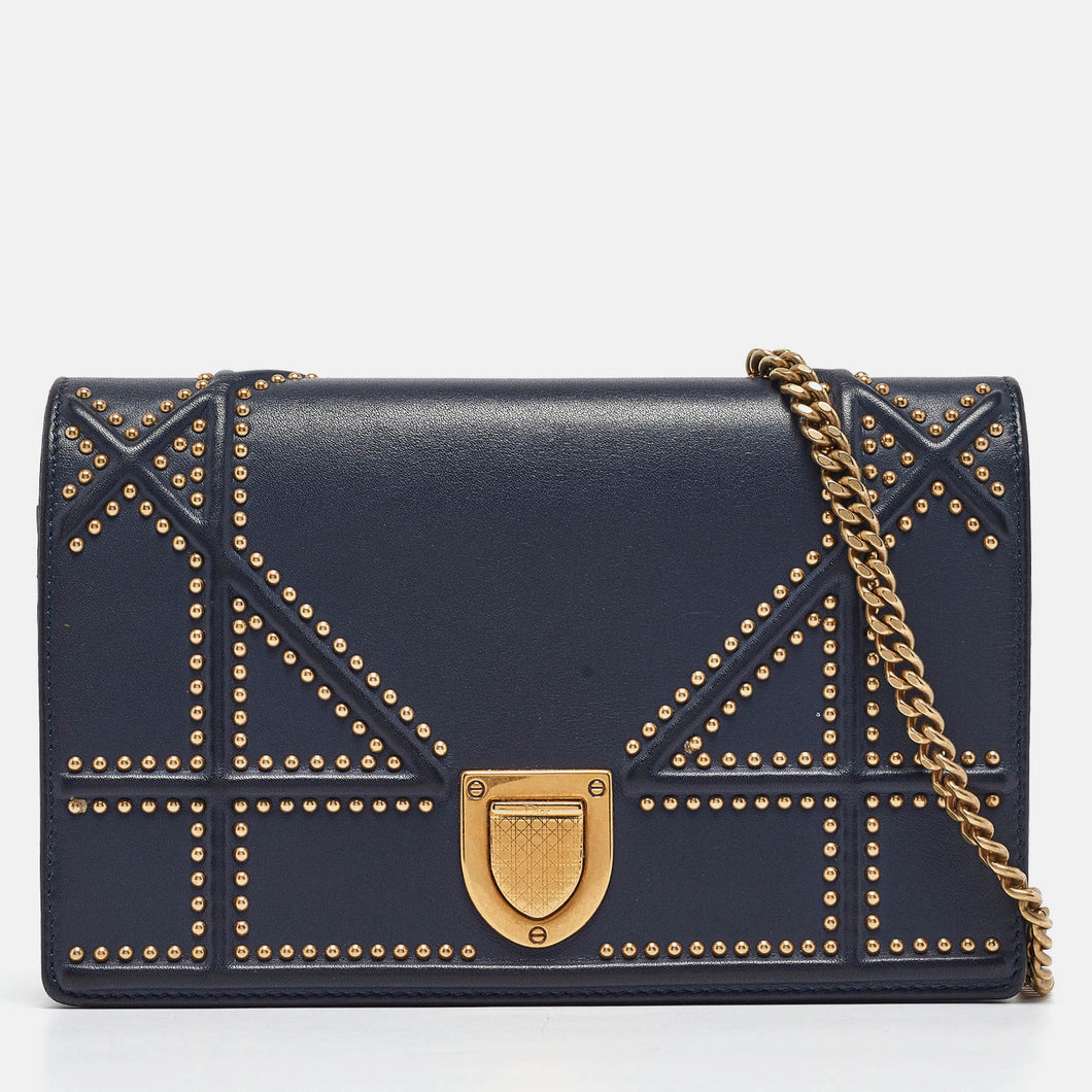 Navy Blue Leather Studded Diorama Wallet on Chain