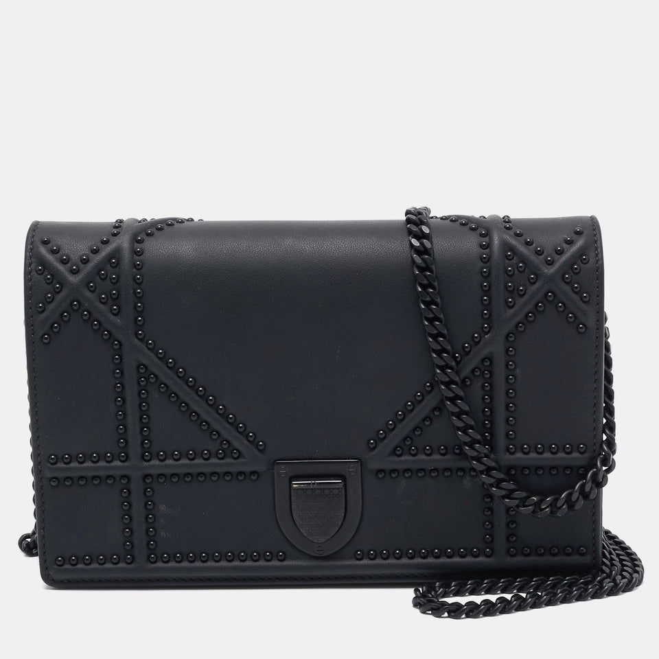 Matte Black Leather Studded Diorama Wallet on Chain