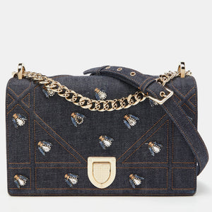 Blue Denim Medium Crystal Embellished Diorama Shoulder Bag