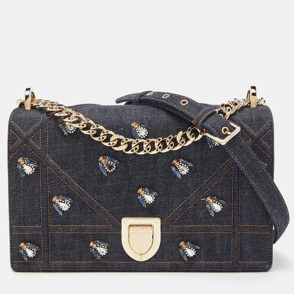 Blue Denim Medium Crystal Embellished Diorama Shoulder Bag