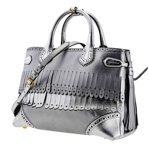 Burberry Ladies Satchel bag Disc/Old Groups Silver Medium Banner Frin Dfs Ho Exc