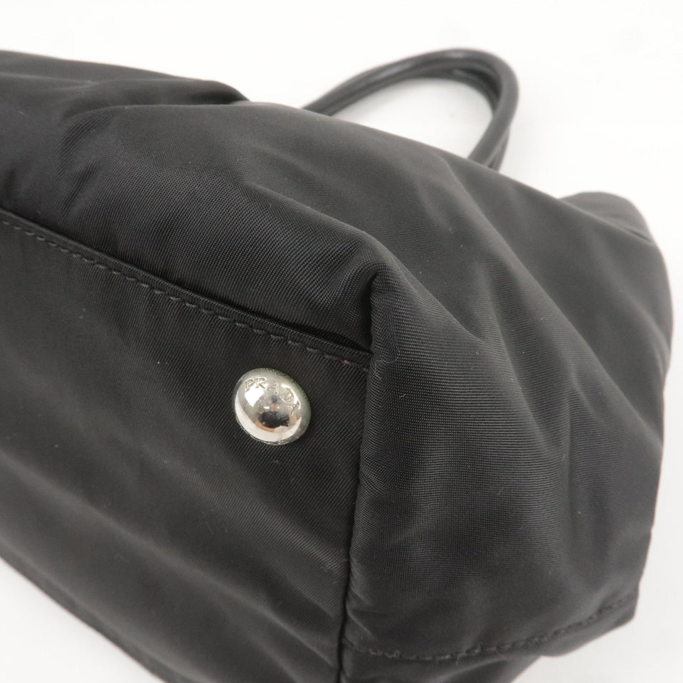 Prada Logo Nylon Leather Ribbon Tote Bag Black NERO BN1601