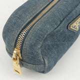 Prada Logo Denim Cosmetic Pouch Clutch Bag Navy Gold Metal