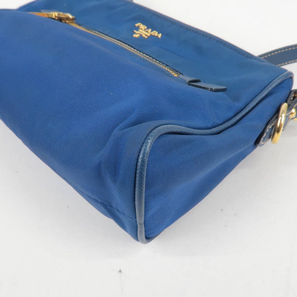 Prada Logo Nylon Leather Hand Bag Pouch Purse Blue BN1834
