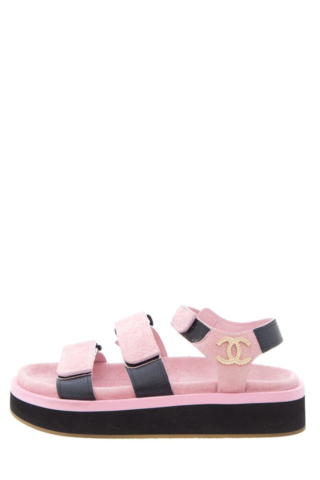 Chanel Pink Suede Calfskin Velcro Sandals SZ 37