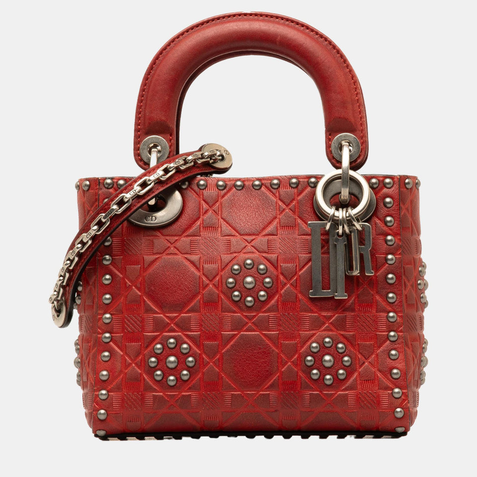 Red Mini Embossed Calfskin Cannage Studded Supple Lady Dior