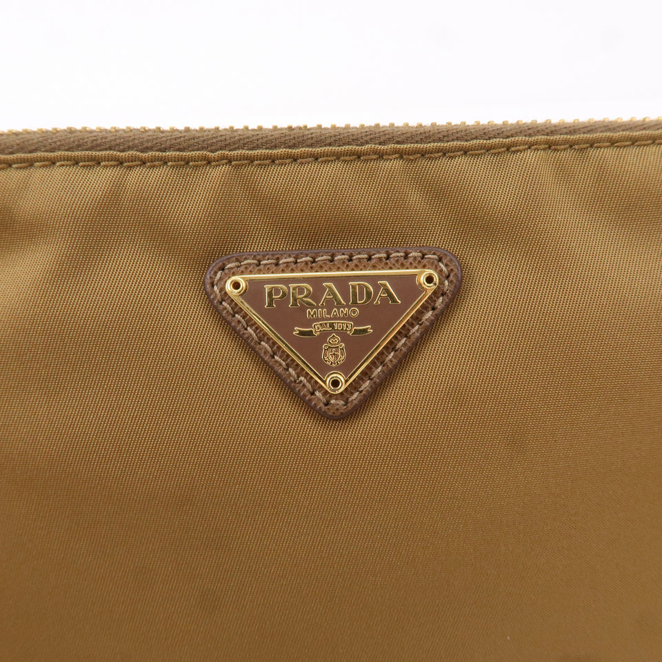 Prada Logo Nylon Leather Clutch Bag Pouch Brown