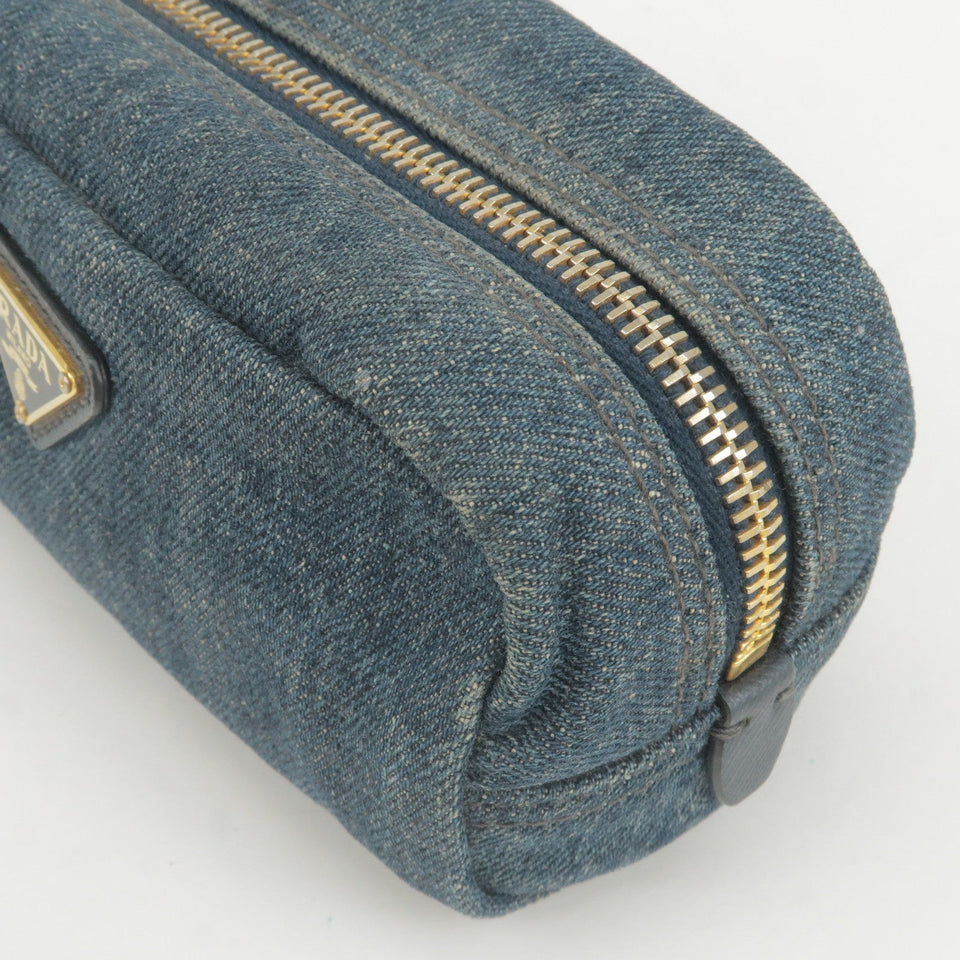 Prada Logo Denim Cosmetic Pouch Clutch Bag Navy Gold Metal