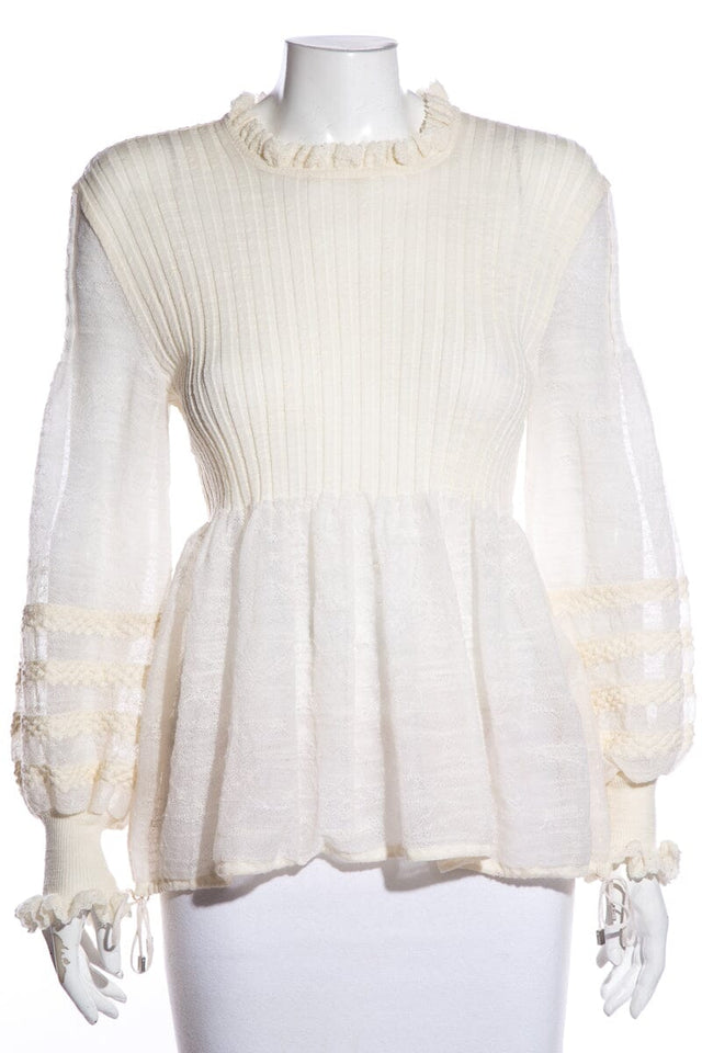 Chanel Ivory Lace Pattern Sleeves Ribbed Blouse SZ 42