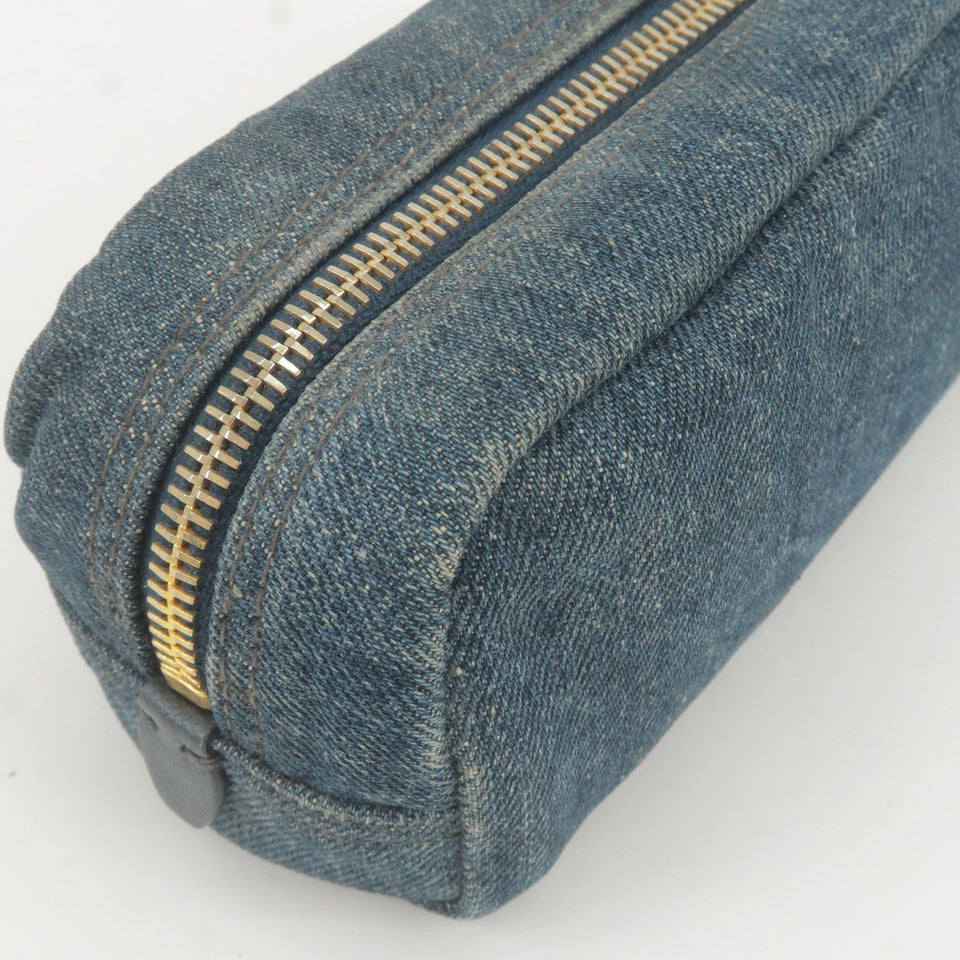 Prada Logo Denim Cosmetic Pouch Clutch Bag Navy Gold Metal