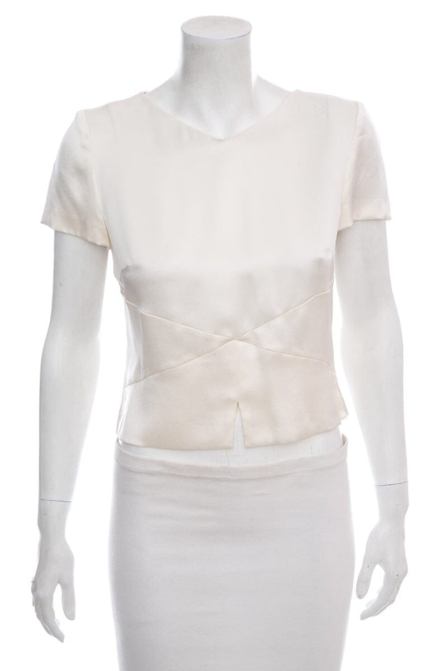 Chanel Cream Satin Silk Short Sleeve Blouse SZ 38 NWT