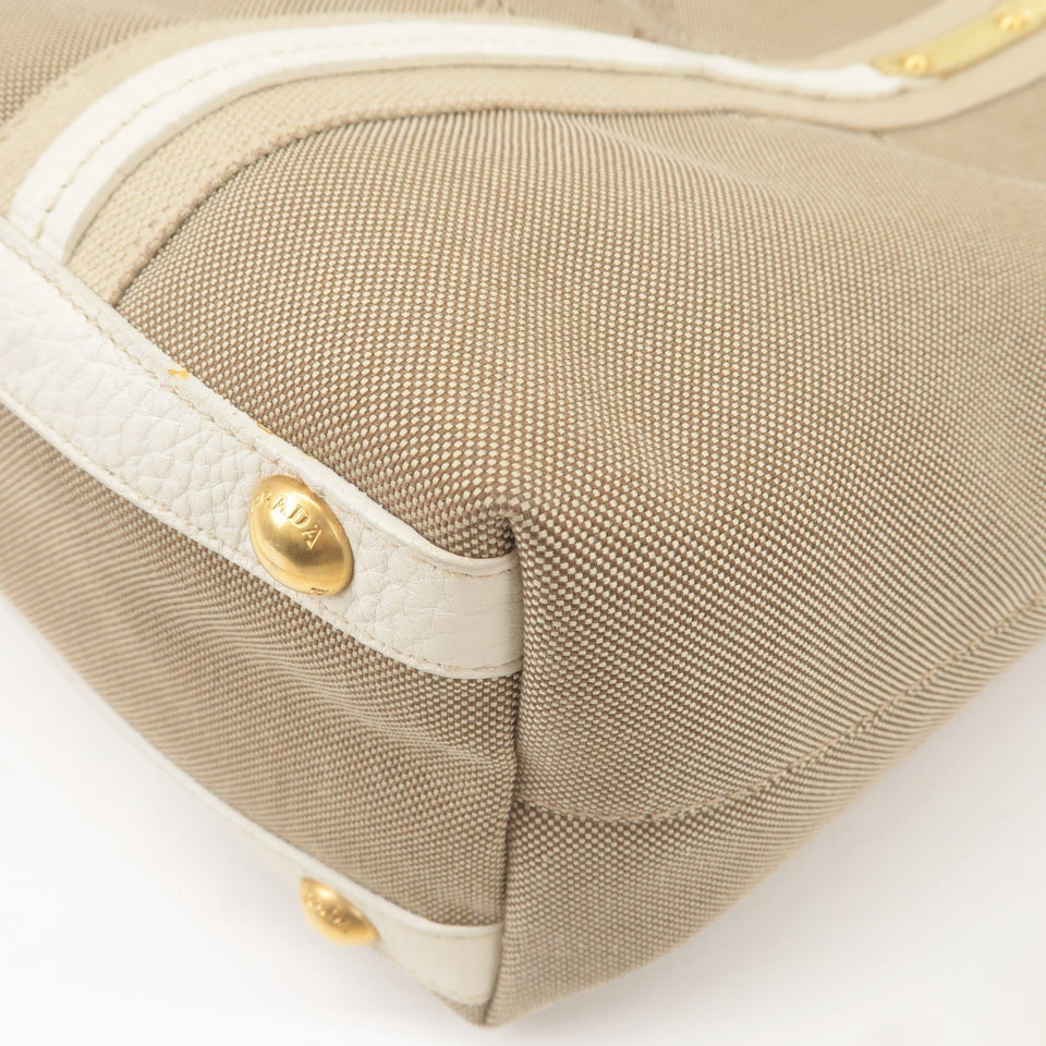 Prada Logo Jacquard Leather 2Way Hand Bag Beige Gold BN1453