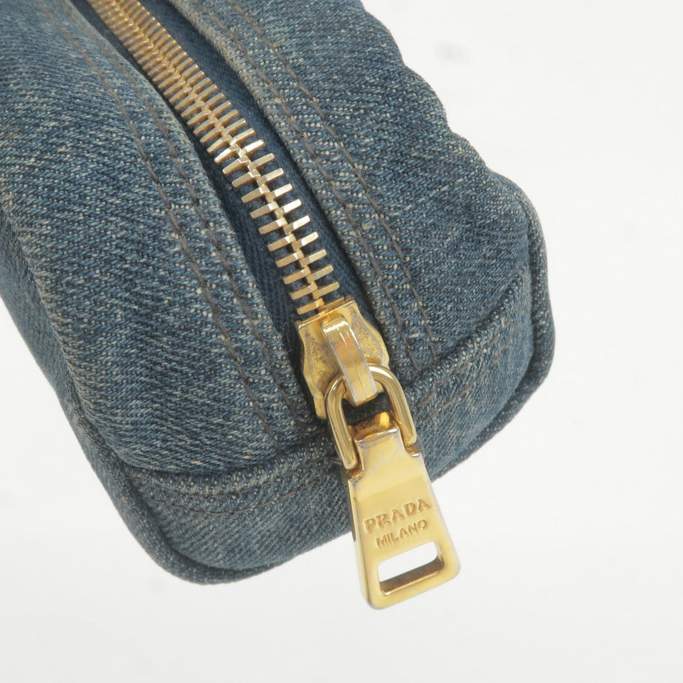 Prada Logo Denim Cosmetic Pouch Clutch Bag Navy Gold Metal