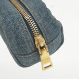Prada Logo Denim Cosmetic Pouch Clutch Bag Navy Gold Metal