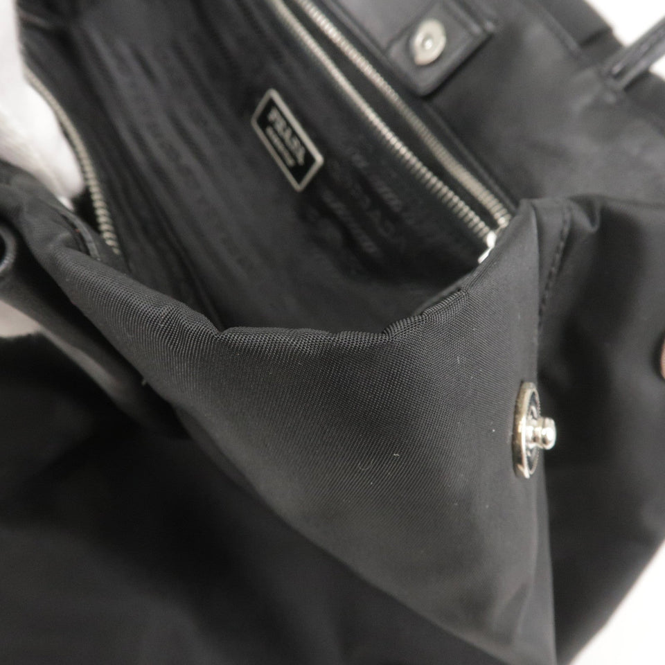 Prada Logo Nylon Leather Ribbon Tote Bag Black NERO BN1601