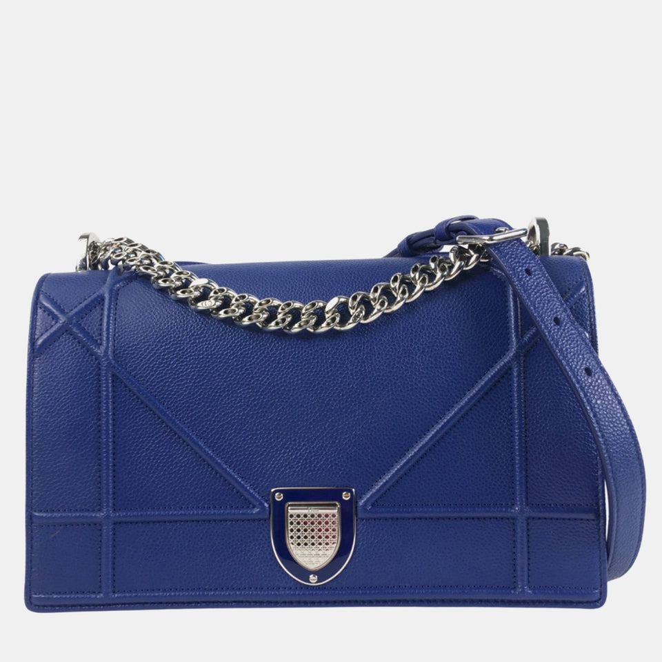 Blue Pebbled Leather Medium Diorama Shoulder Bag