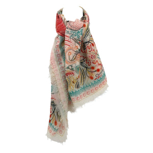 Dior shawl 135cm in multicolour abstract leaf design on cream cashmere