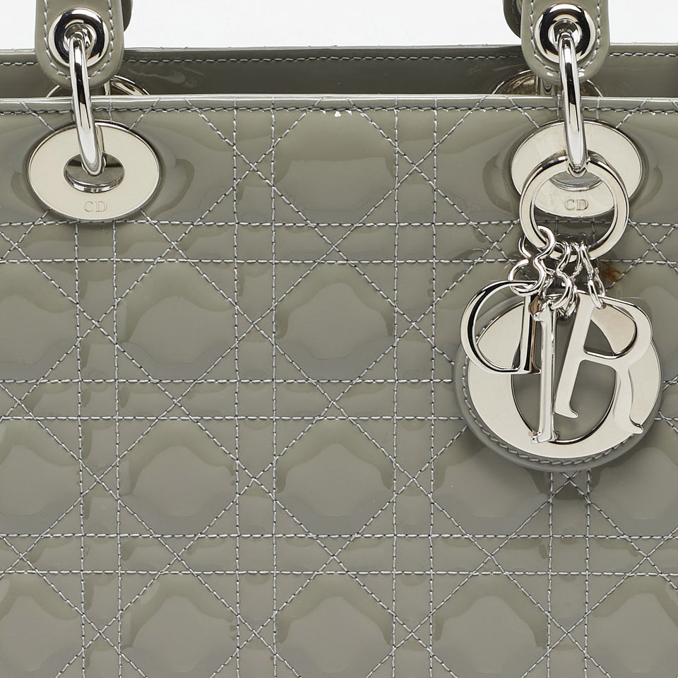 Dior Grey Cannage Patent Leather Large Lady Dior Tote
