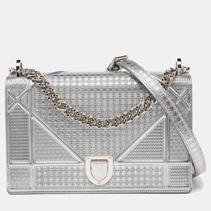 Silver Microcannage Patent Leather Medium Diorama Flap Shoulder Bag