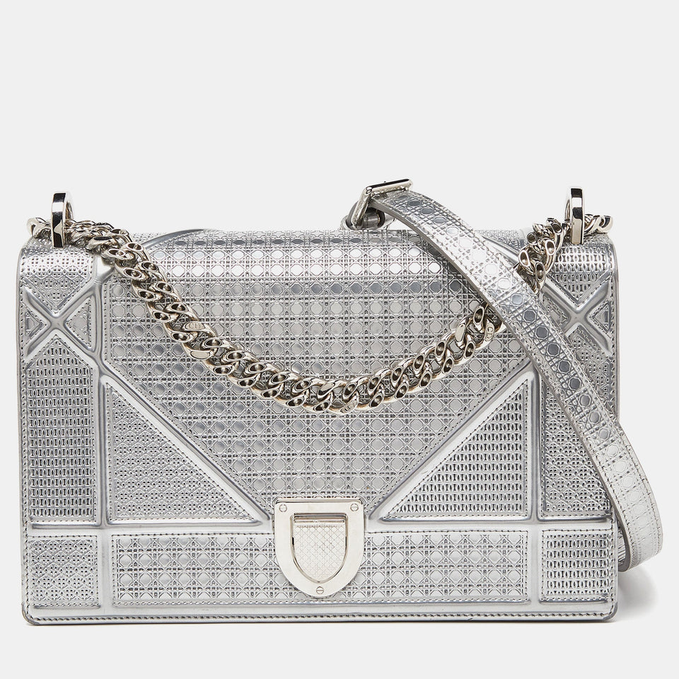 Silver Microcannage Patent Leather Medium Diorama Flap Shoulder Bag