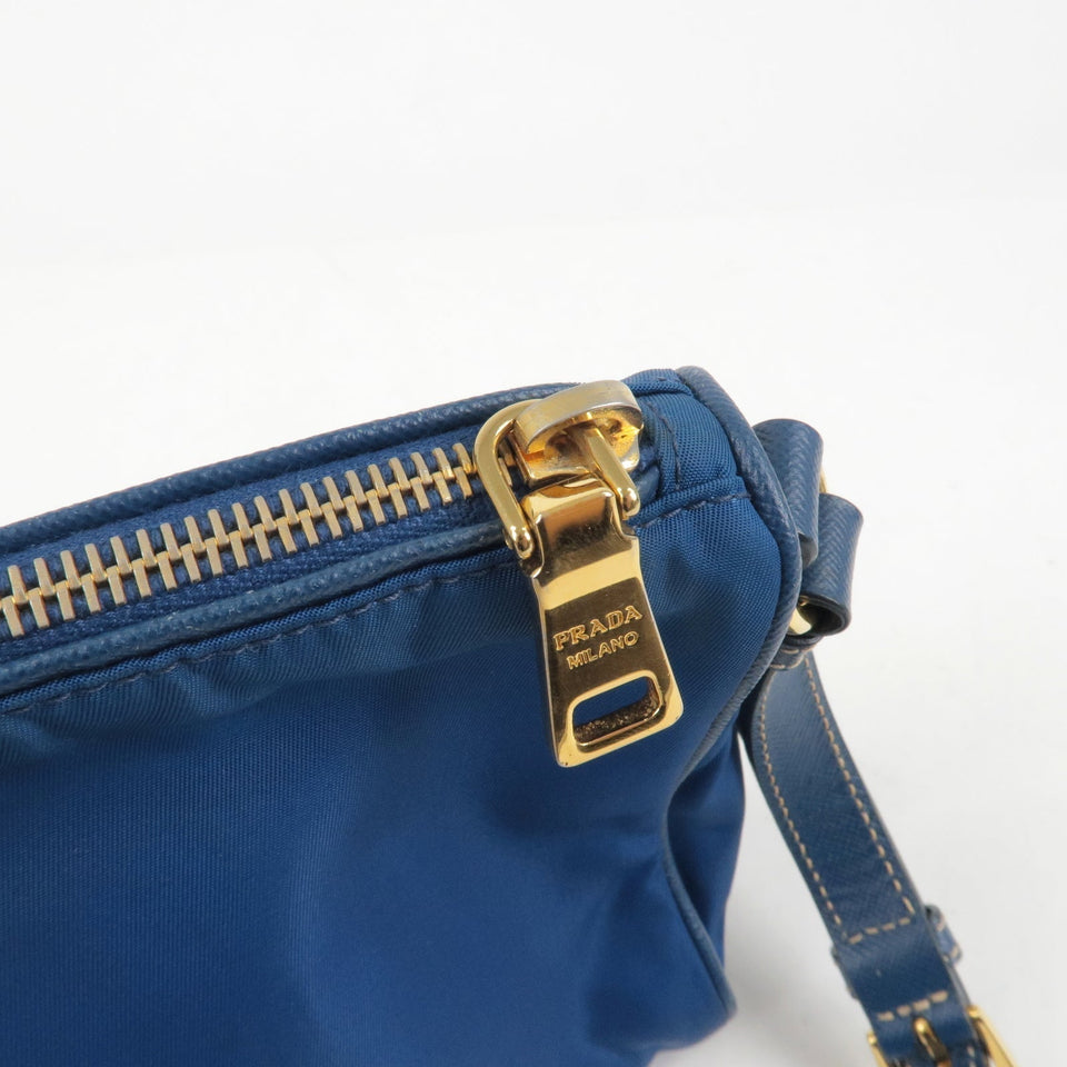 Prada Logo Nylon Leather Hand Bag Pouch Purse Blue BN1834