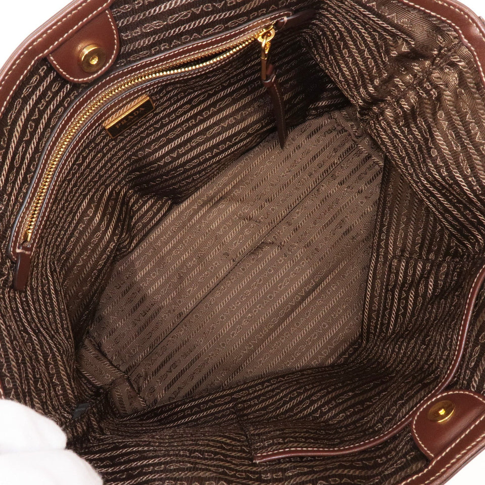 Prada Logo Jacquard Leather Tote Bag Beige Brown 1BG158
