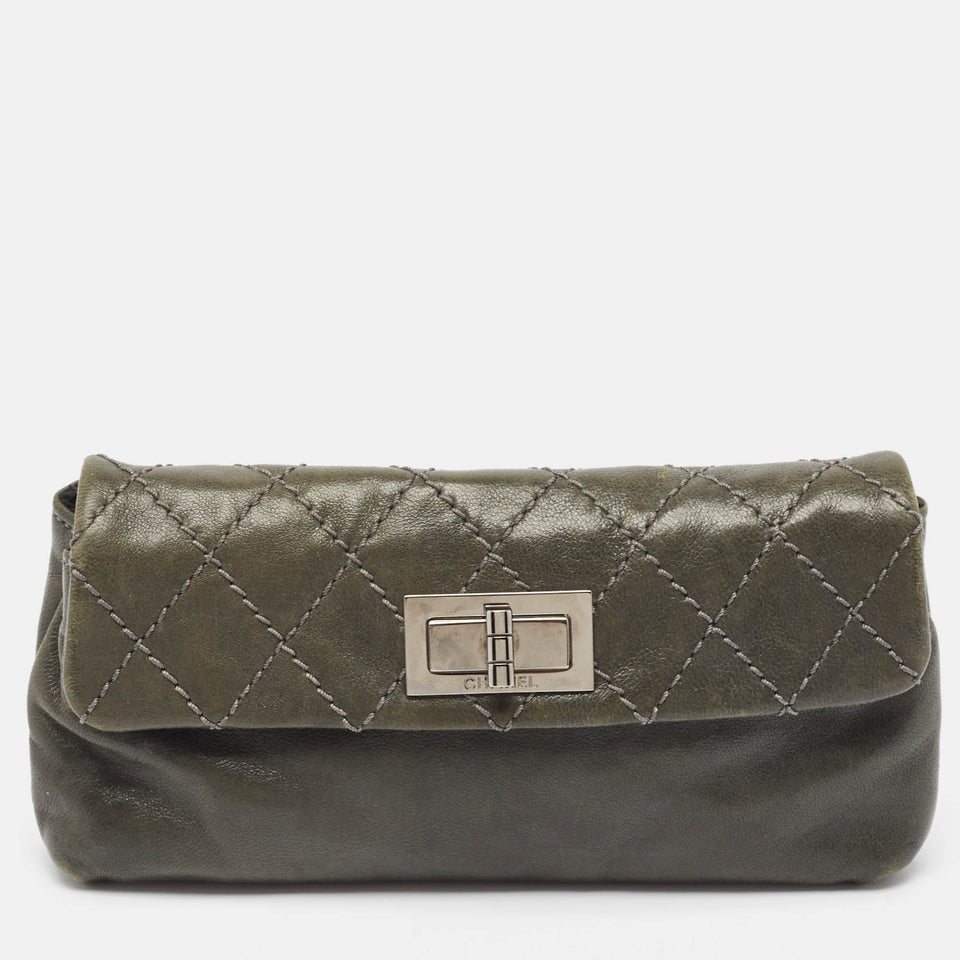 Grey Quilted Leather Mademoiselle Flap Clutch