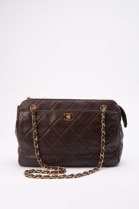 Vintage Chanel Brown Leather Shoulder Bag with Double Chain Handle