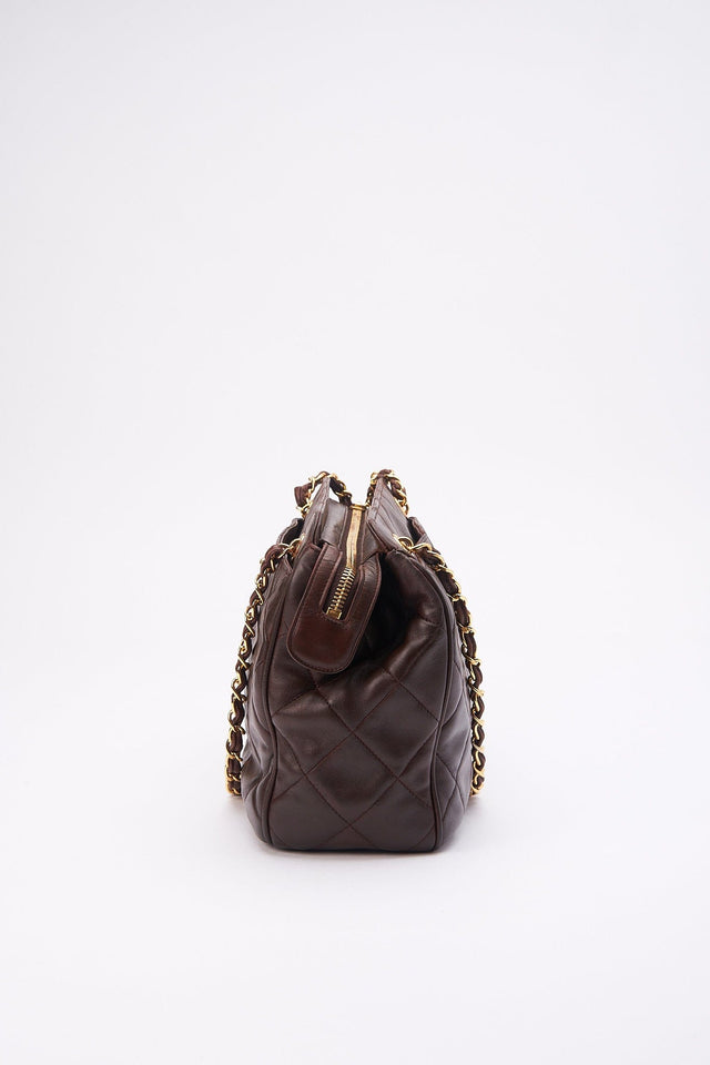 Vintage Chanel Brown Leather Shoulder Bag with Double Chain Handle