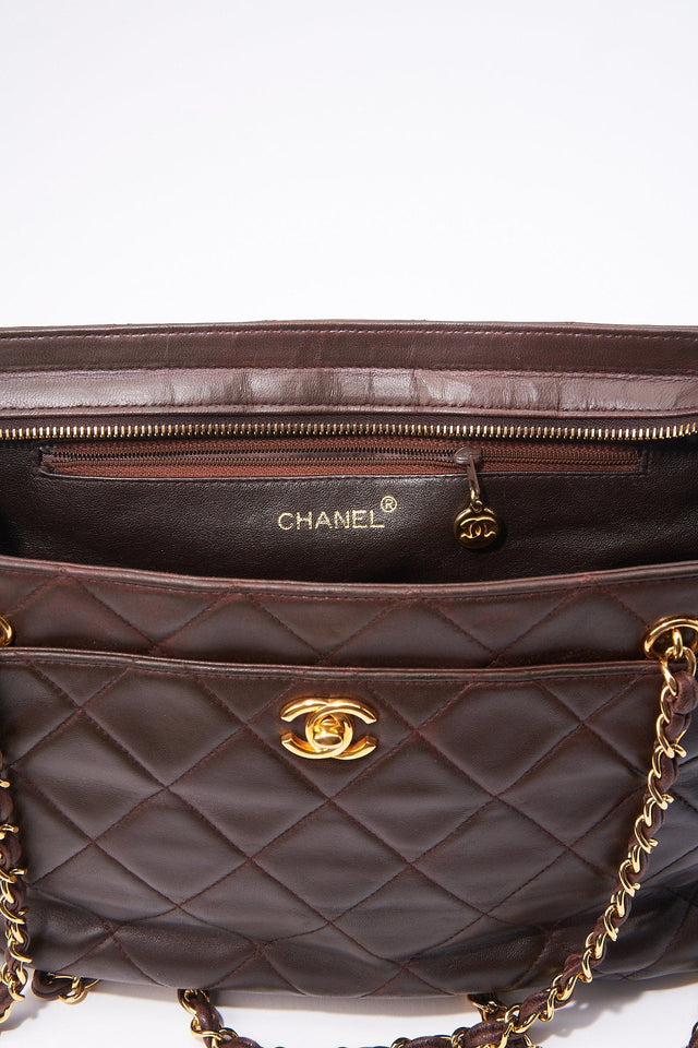 Vintage Chanel Brown Leather Shoulder Bag with Double Chain Handle