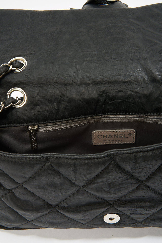Chanel Black Textured Coated Nylon Single Flap Bag - Black