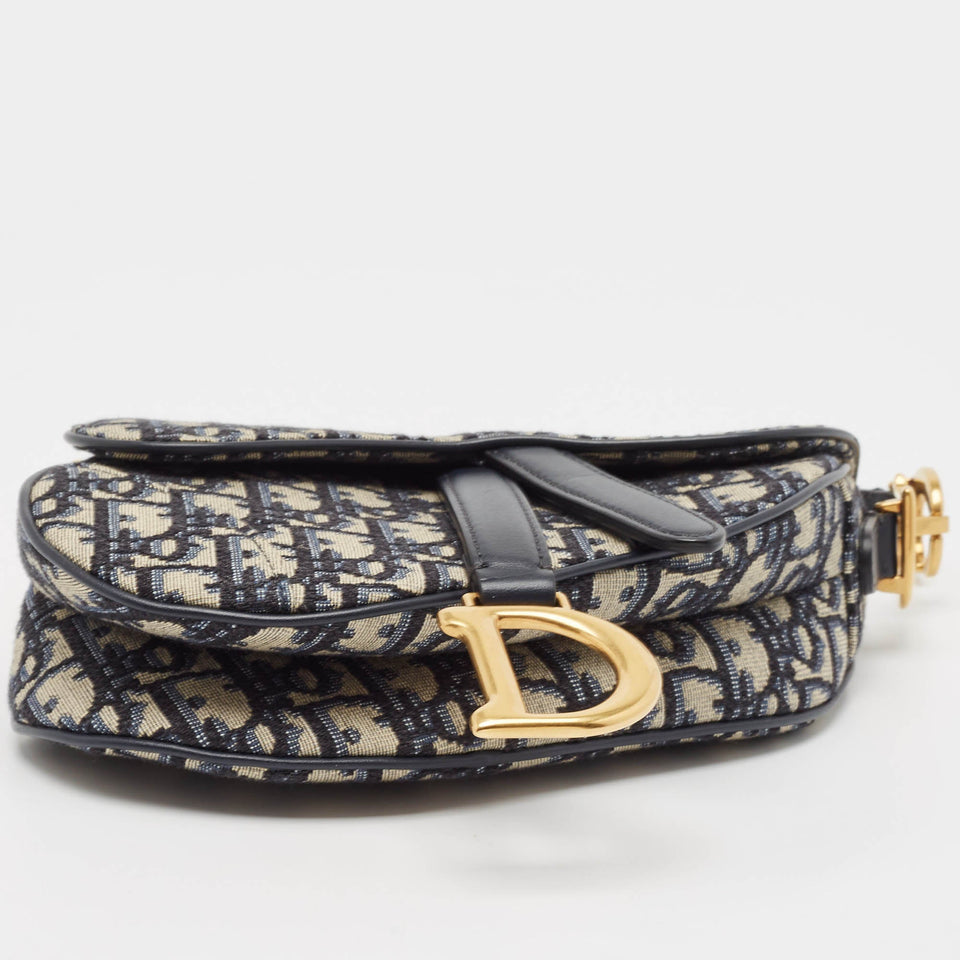 Dior Navy Blue Oblique Canvas And Leather Mini Saddle Bag