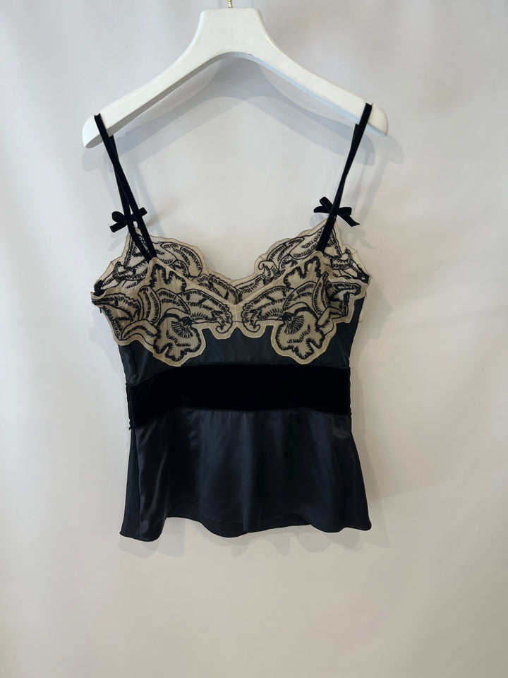Prada Black Silk Lingerie Top and Midi Skirt Set with Embroidery Details Size IT 42 (UK 10)