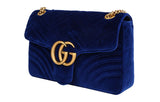 GUCCI GG Marmont Gold Label Logo Distress Velvet Chain Shoulder Messenger Bag Navy Blue 443496-K4D2T-4511