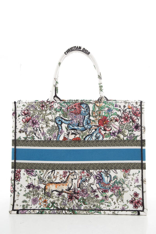 Dior White Floral Woodland Embroidered Book Tote Handbag