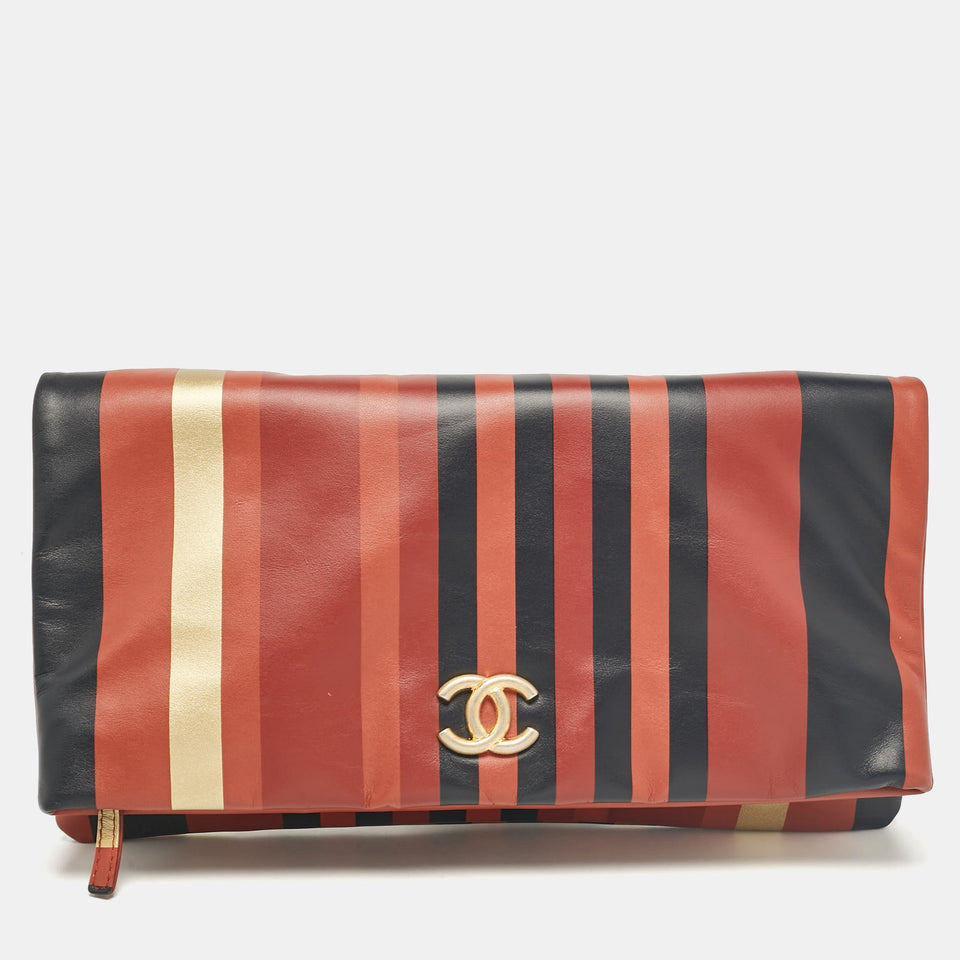 Multicolor Striped Leather Foldover Clutch